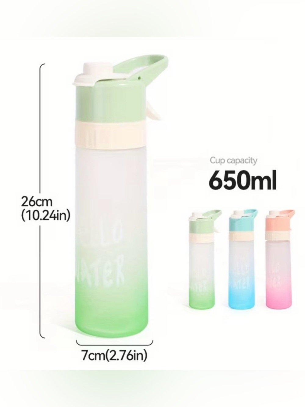 Gradient Color'Hello Water' Water Bottle with Mister 650 ml - Picture 11 of 16